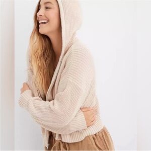 Aerie Chunky Knit Zip Up Hoodie Cardigan M Cream